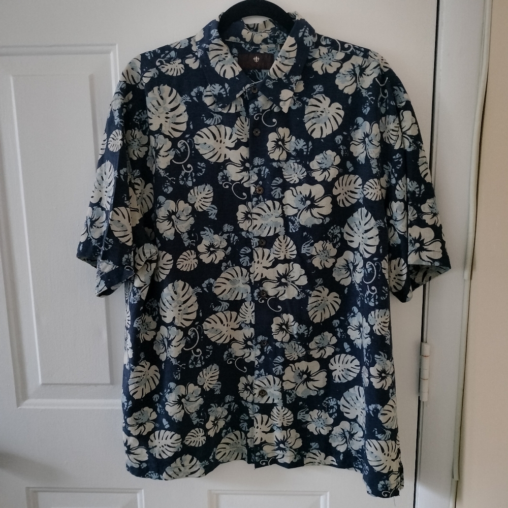 Toscano Mens Navy Floral Button Up Silk Blend Shirt L Vacation Resortwear
